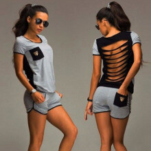Summer T shirt Women Sexy Hollow Out Tiger Head Pockets T-shirt Casual 2 Piece Set Tee+Shorts Female Summer Tracksuit Z1 Blouse