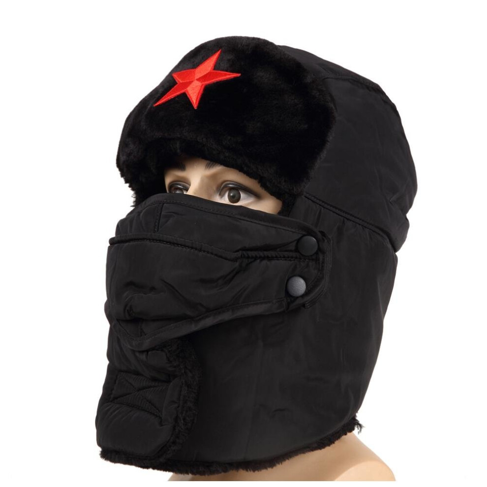 Winter Trapper Trooper Hat Earflaps Russian Warm Ushanka Military Red Star Cossack Aviator Bomber Hats With Mask Ski Cap Black 8488141182359