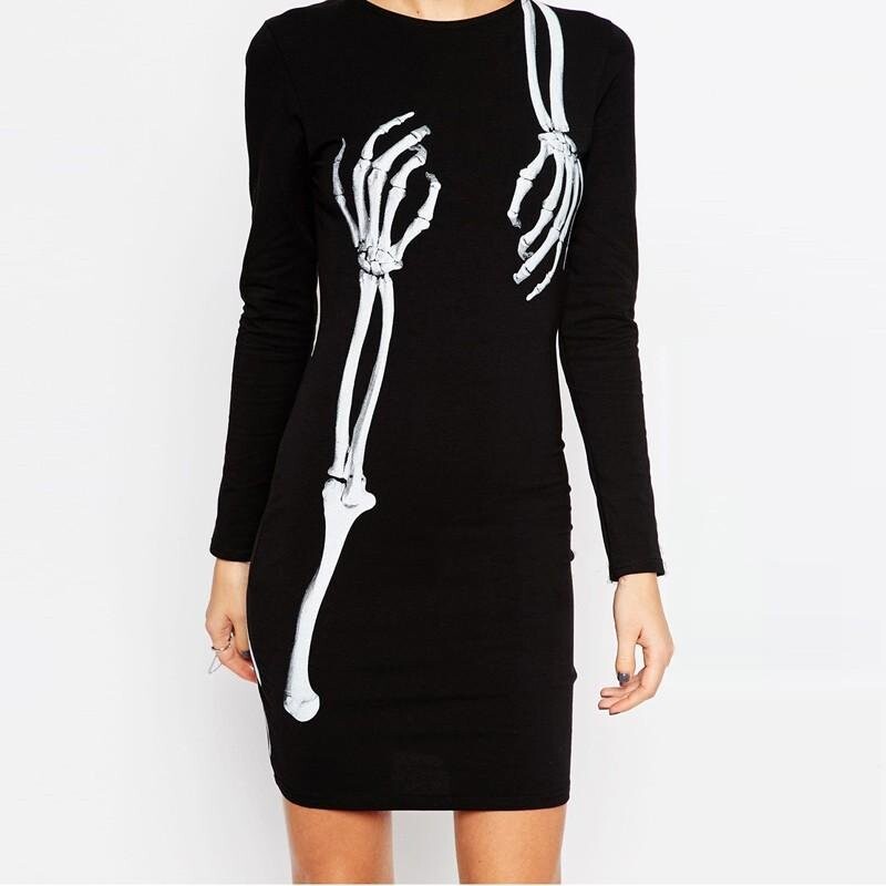Lady Mini Dress Women Sheath Sexy Black Dress Skeleton Hands Printing ...