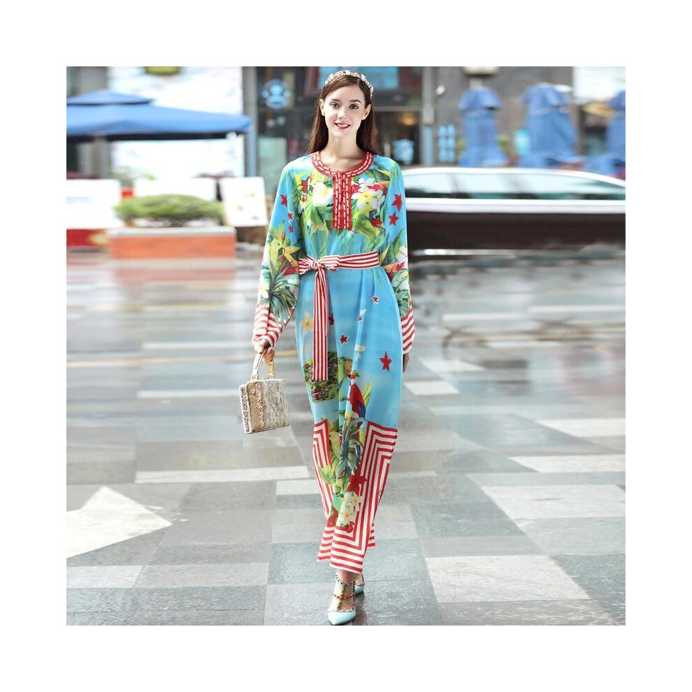 High quality fashion print Loose Casual long dress New women 2017 Full sleeves  Beading summer runway maxi dress