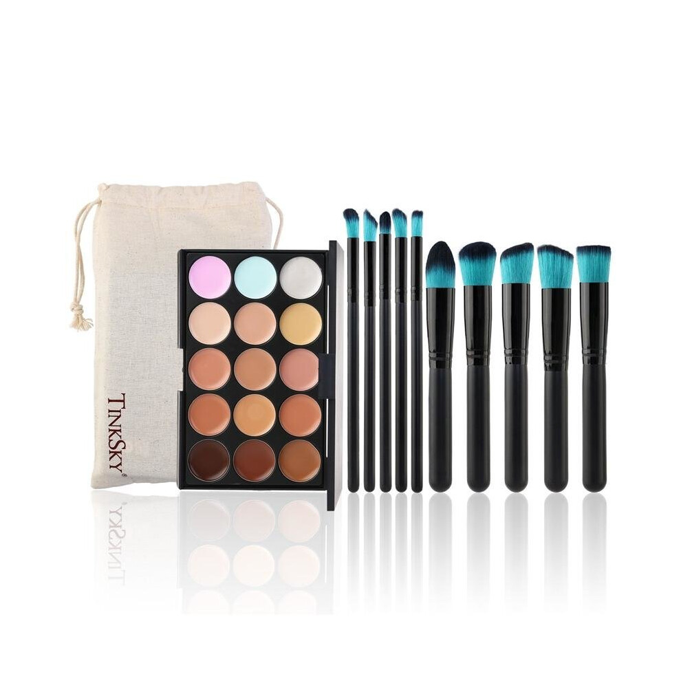 Black,Cream Tinksky 15 Colors Contour Face Cream Makeup Concealer Palette With 10Pcs Makeup Brushes
