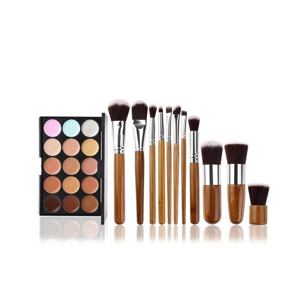 Black,Cream Tinksky 15 Colors Contour Face Cream Makeup Concealer Palette With 11Pcs Bamboo Brushes