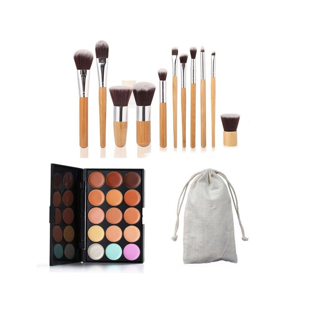 Black,Cream 15 Colors Contour Face Cream Makeup Concealer Palette With 11Pcs Bamboo Brushes