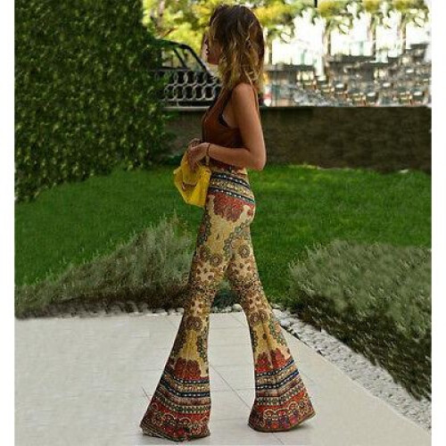 NEW Fashion Women Flare Print Pants Floral Retro Boho Pants Stretch High  Waist Trousers on OnBuy
