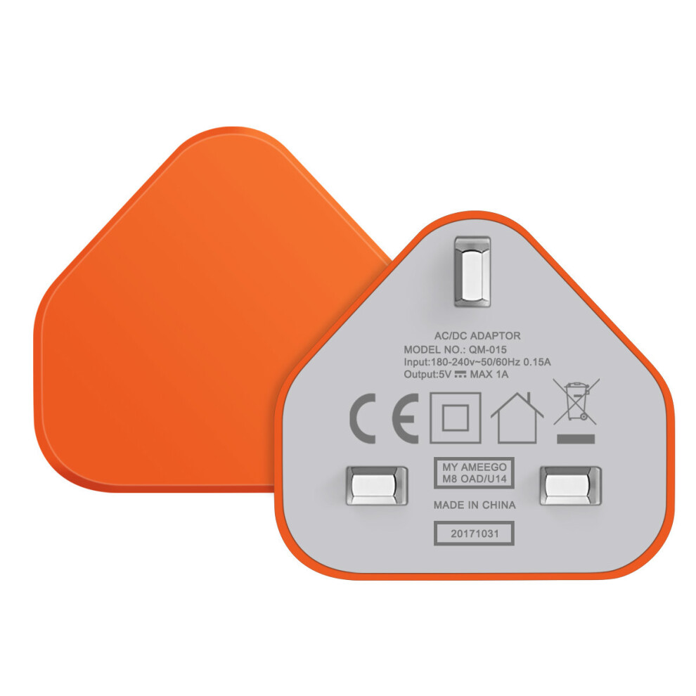 (Orange) Ameego UK USB Adapter Plug | UK USB Wall Charger