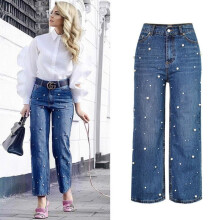 Loose Embroidered Flares Wide Leg Pants Women High Waist Fashion Pearl Nail Bead Jeans Femme Personality Vintage Retro Trousers