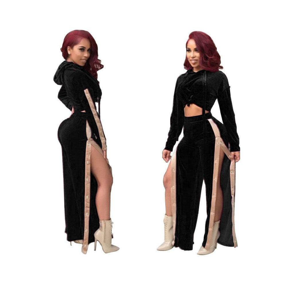 Sexy High Split Velvet Hooded Jumpsuit Full Sleeve Crop Top And Long Wide Leg Catsuit Sexy Women Buttons Club 2 Piece Rompers-image-OPC-P52PHNQ-NEW