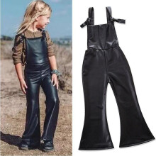 Baby Kids Girl PU Leather Overalls Babies Boot Cut Flare Sleeve Pants Bottoms Trousers Playsuit Jumpsuit