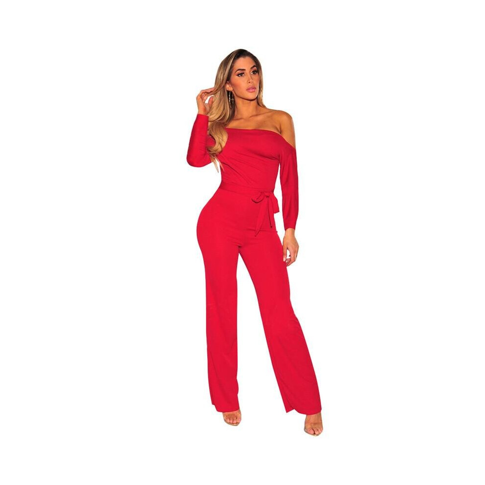Sexy Oblique Slash Neck Long Jumpsuit Women Autumn Long Sleeve One-piece Pants Overalls w/ Sashes Casual Jumpsuit Slim Trousers-image-OPC-P52PHWP-NEW