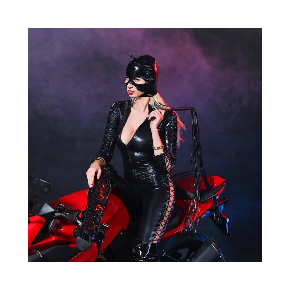 Black 2017 Women Pvc Sexy Faux Leather Latex Catsuit Game Uniforms Sex Fetish Bondage Harness Bodysuit Lace Up Game Uniforms