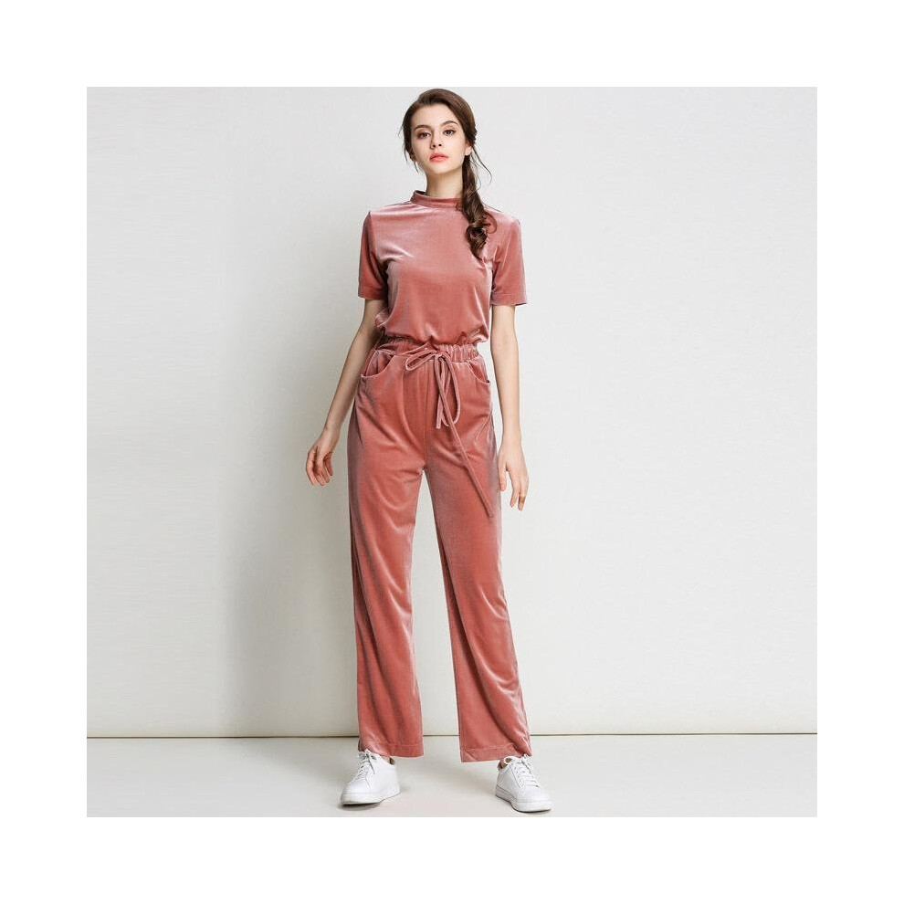 Fashion Velvet suit female New Spring Autumn elegant short sleeved women blouse + elastic waist pants casual two-piece set-image-OPC-P52PHNB-NEW