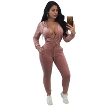 Women Velvet Two Piece Set Tracksuits Jumpsuit Rompers Winter Long Sleeve Hooded V Neck Zippers Bodycon Jumpsuit Female Overalls