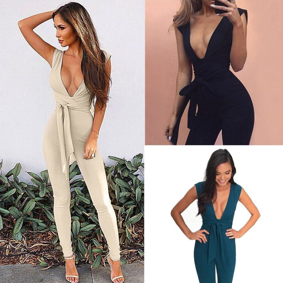 New Fashion Women Deep V Neck Tie Waist Party Clubwear Jumpsuit 2017 Front Crossing Ruffle Casual Playsuit with Belt-image-OPC-P52PHXM-NEW