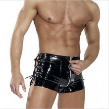 Bondage Zipper-Open Leather Short Shorts for Men - Shiny Gothic Punk Clubwear, High-Waisted Skinny Fit | MPN-QXQD
