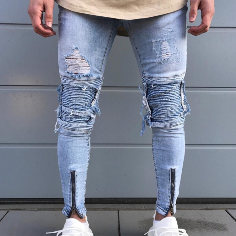 Mens Slimming Ripped Denim Pants Hole Distressed White Jeans Was