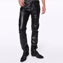 (M-4XL) Black Slim Fit Straight-Leg Trousers Casual Plus size Motorcycle pants Trousers men PU Leather joggers Pantalon homme