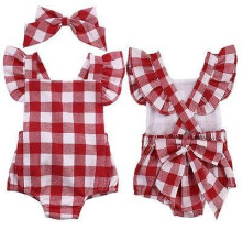New Fashion British Style Red Plaid Baby Girls Bodysuit Jumpsuit Plaid Back Cross Short Sleeve Baby Girls Clothes Red 0-18M