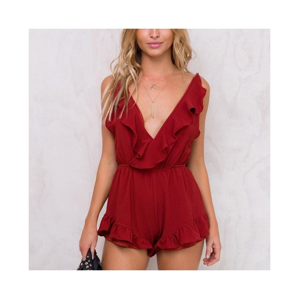 2018 New Summer Women Spaghetti Strap Sexy Rompers Ruffles V-neck Backless Jumpsuits Ladies Casual Sleeveless Short Playsuits-image-OPC-P52Q2CM-NEW