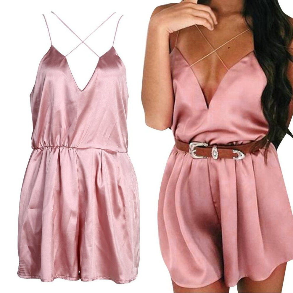 Summer Women Jumpsuits Rompers Elegant Deep V Neck Pink Silk Satin Casual Beach Playsuit Bodysuit Overalls-image-OPC-P52Q2FQ-NEW