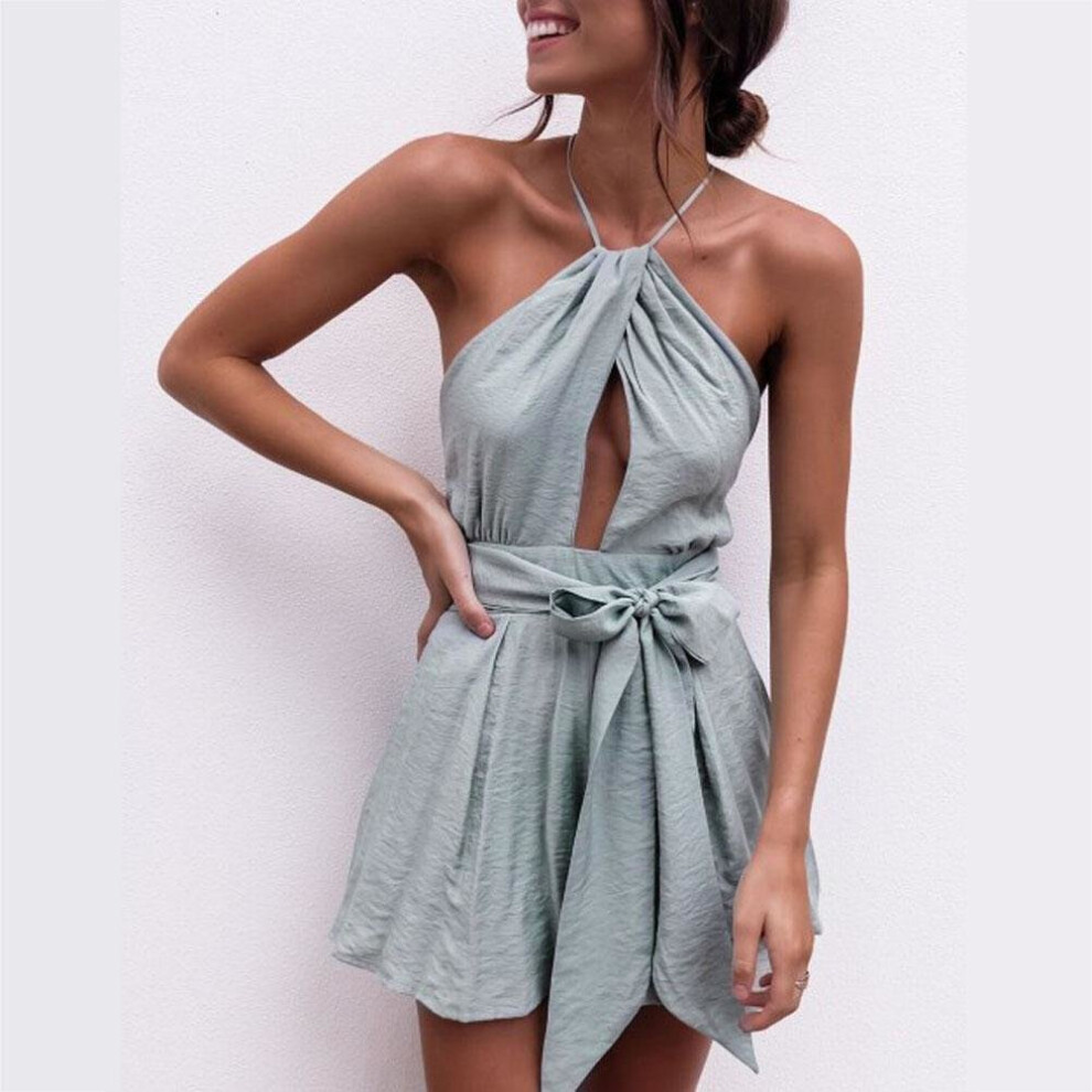 Sexy Halter Neck Playsuit Ruffles Short Jumpsuit Women Elegant Backless Rompers 2017 Boho Beach Playsuit Top Back Cross Jumpsuit-image-OPC-P52Q2GZ-NEW