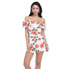 Women Jumpsuit Sexy Playsuits Summer Romper Bodysuit Overalls Beach Boho Ruffle Floral Print Slash neck Strapless High Waist