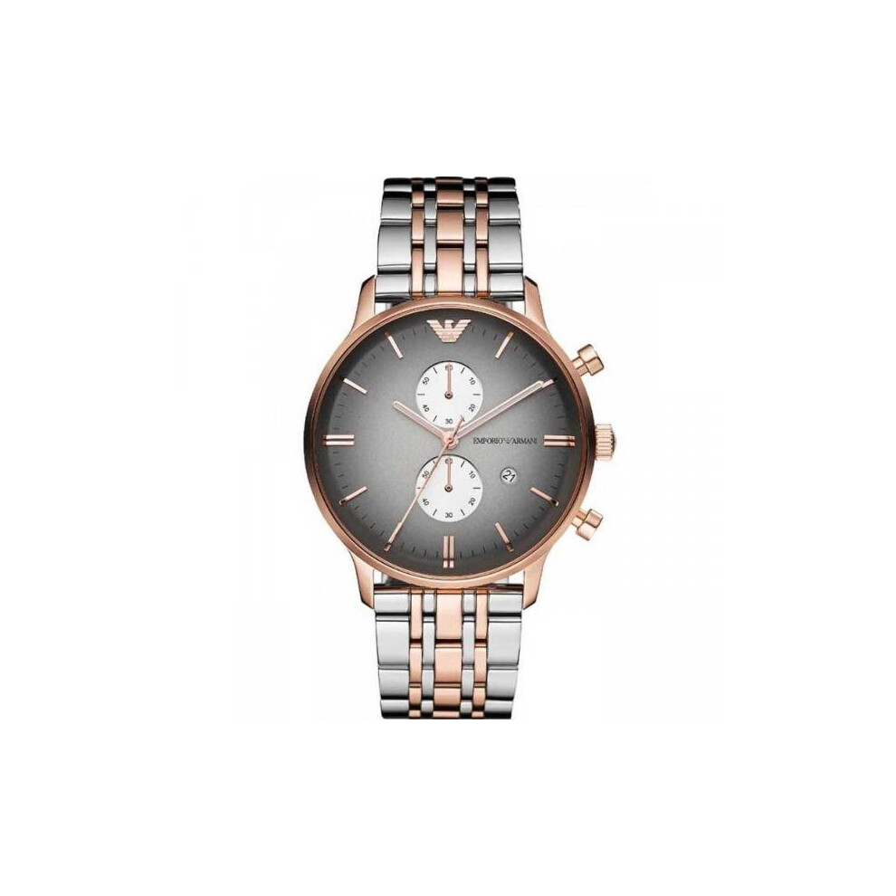 Emporio Armani AR1721: Men's Two-Tone Rose Gold & Stainless Steel Chronograph Watch, Grey Dial
