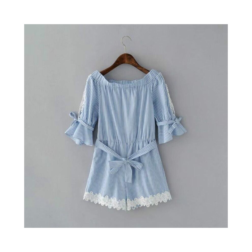 Fashion Ladies\' elegant sexy cold shoulder striped jumpsuit lace short pants  slash neck Rompers with sashes casual pants-image-OPC-P52Q5YK-NEW
