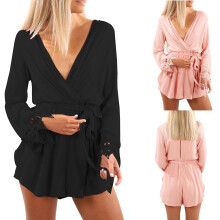 2017 Summer New Plus Size Women Long Sleeves Lace Playsuits Black White Short Jumpsuits Nightclub Hollow Out Rompers