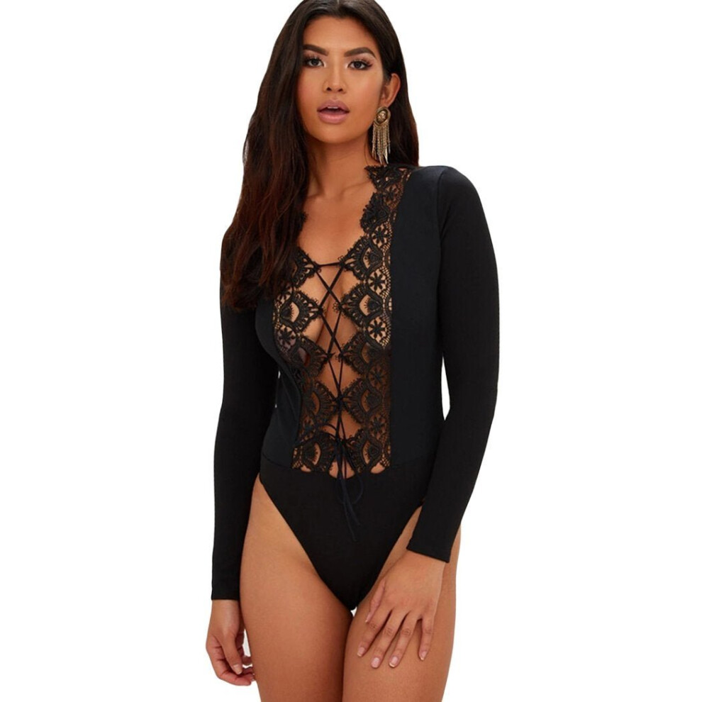 2018 Sexy Bodysuit Lace Romper Women Sexy Mesh Bodycon Jumpsuit Long Sleeve Bodycon Short Overalls Bandage Playsuit Autumn Q4-image-OPC-P52Q5ZT-NEW