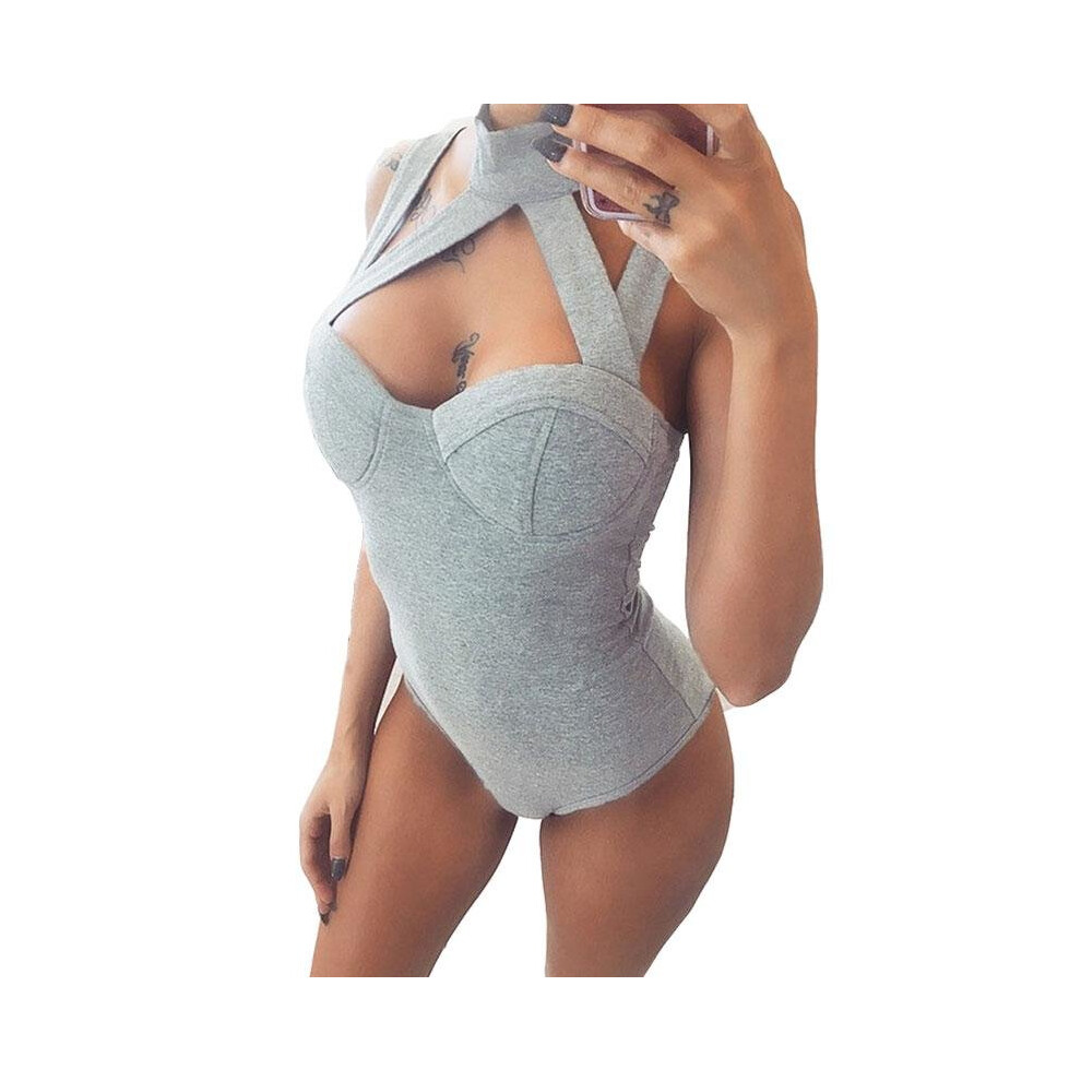Elegant Halter Rompers Women Jumpsuit Sexy Sleeveless Gray Playsuit Front Hollow Party Bodysuit Bodycon Jumpsuit Overalls 2017-image-OPC-P52Q62P-NEW