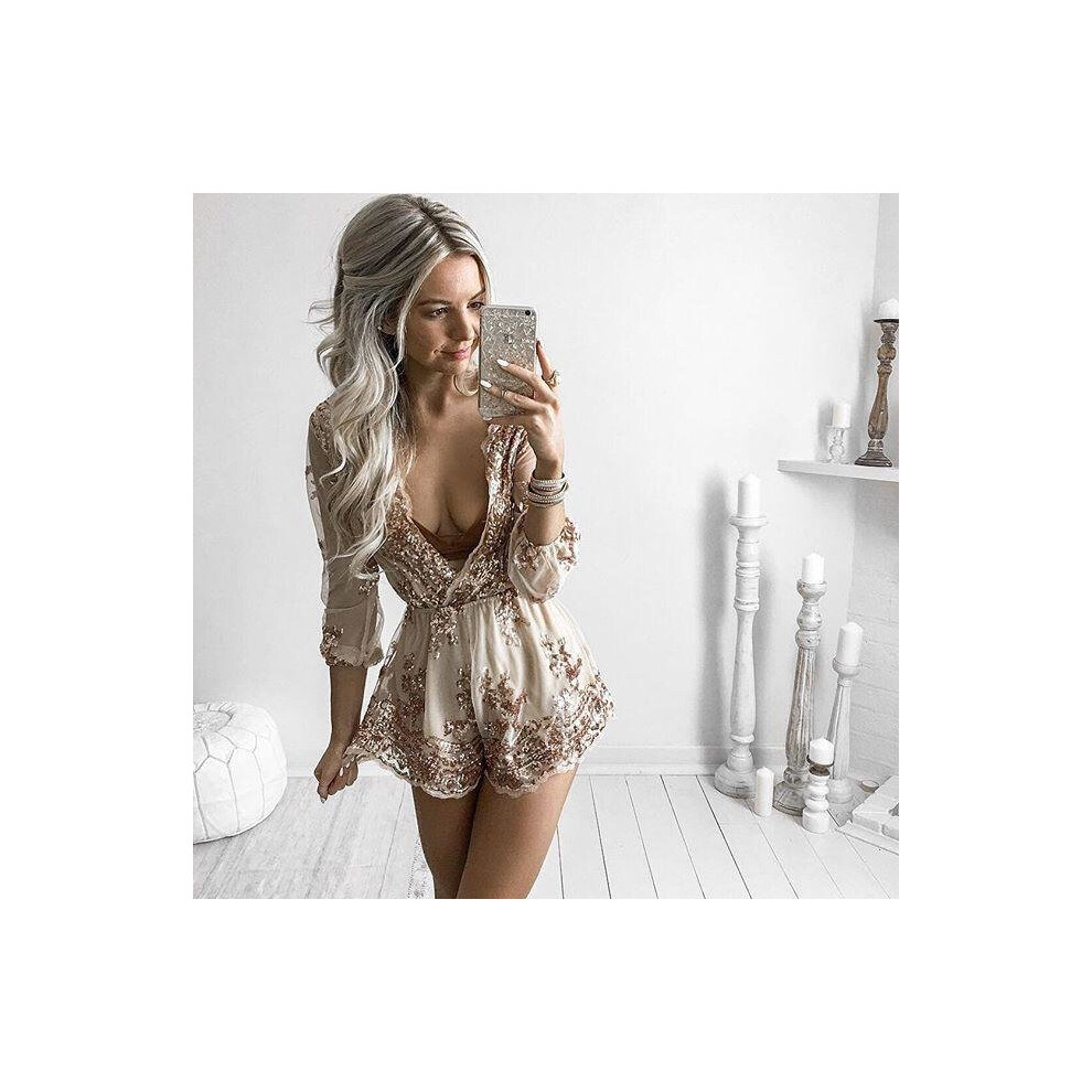 Rose Gold Sequin Playsuit Plunge V neck Long Sleeves Sexy Women Tassel Elegant Club Party Waist Jumpsuit