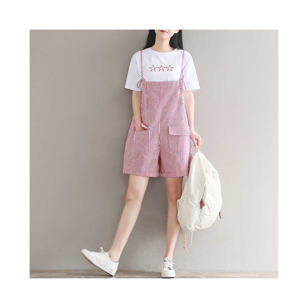 New Women Cute Loose Striped Strap Short Suit Jumpsuits Summer 2018 Short+T shirt Casual Romper Star Embroidery Women Solid tops-image-OPC-P52Q2VQ-NEW
