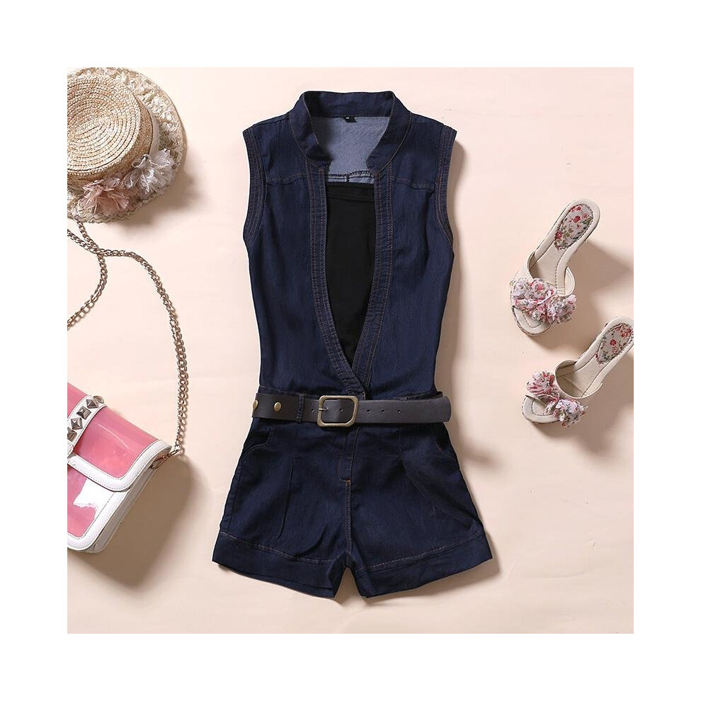 2018 Bodycon Jumpsuit Enteritos Mujer Cowboy Conjoined With Belt Denim V-neck Sleeveless Jumpsuit Fitness Playsuits Bodysuits-image-OPC-P52Q526-NEW