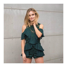 The 2017 summer tide brand Australia green pattern lace Jumpsuit fold green white shorts