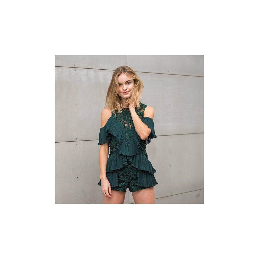 The 2017 summer tide brand Australia green pattern lace Jumpsuit fold green white shorts-image-OPC-P52Q59M-NEW