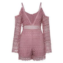 Sisjuly women casual mini jumpsuits 2018 spring summer autumn pink plain sexy v neck hollow backless slim elegant short jumpsuit
