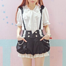 Black/Pink Kawaii Overalls Summer New Lace Flounces Double Breasted Lantern Suspender Shorts Lolita Sweet Jumpsuits Cute Rompers