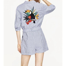 WISHBOP 2017 FASHION WOMAN Blue White Short STRIPED EMBROIDERED JUMPSUIT Belted shirt collar long sleeve Side pockets buttons up