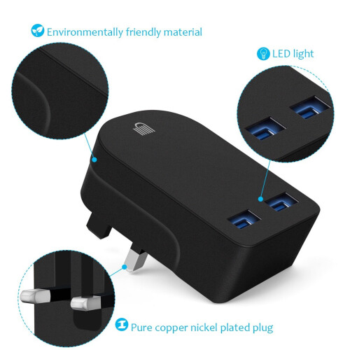 (Black) Ameego Folding Dual USB Plug | Dual USB Wall Charger 1