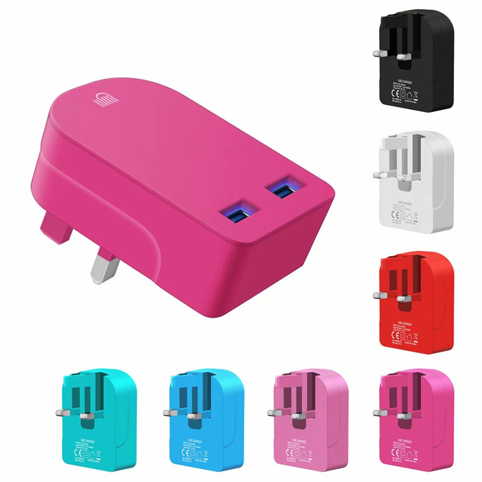 (Pink) Ameego Folding Dual USB Plug | Dual USB Wall Charger