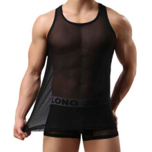 Men\'s Sexy See-through Sheer Mesh Bodysuit Vest Leotard Unitard BK L