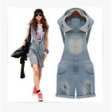 New Womens Retro Spring And Summer Denim Overalls Sleeveless Hole Denim Shorts Ladies Casual Jeans Rompers Hooded Bodysuits J769