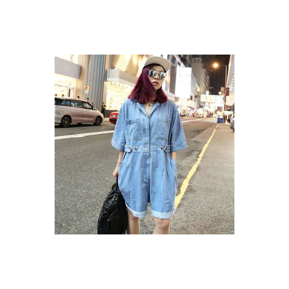 Summer Paragraph Street Denim Jumpsuit Female Wide Leg Shorts Women Cover Button Waist Light Blue Jeans Casual Loose Hipster-image-OPC-P52Q52V-NEW
