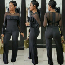 Spring Fashion Women Full Sleeve Mesh Patchwork Ruffles Long Jumpsuits Bodycon Full Women Sexy Bodysuits