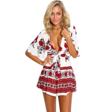 2017 Sexy Floral Jumpsuit Woman V Neck Summer Short Ruffle Jumpsuits Loose Beach Sashes Playsuits Rompers Overalls WT76295