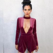 Rompers Womens Jumpsuit 2018 Long Sleeve Sexy Deep V Halter Neck Party Club Blue Red Velvet Short Pants Jumpsuits Playsuits