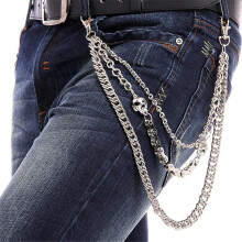 50% 25\' Men\'s Three Strands Skull Link Motorcyle Key Jean Wallet Chain 3 Layer Waist Punk Hook Silver Trousers Pant Belt Chain