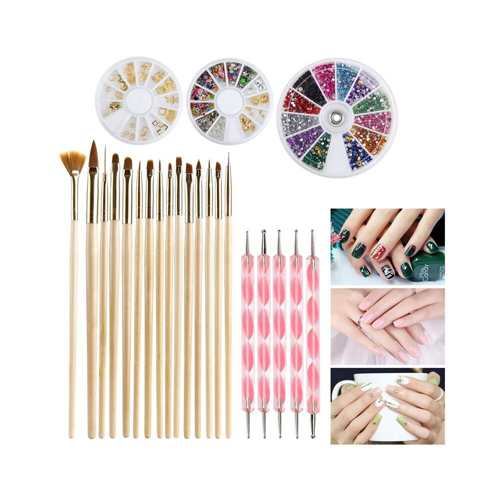 ETEREAUTY Nail Art Kit 15pcs Gold Wooden Nail Art Brush 12 Colors Nail Rhinestones 5pcs Pink Dotting Pens 12 Colorful Nail Art Rhinestones an...