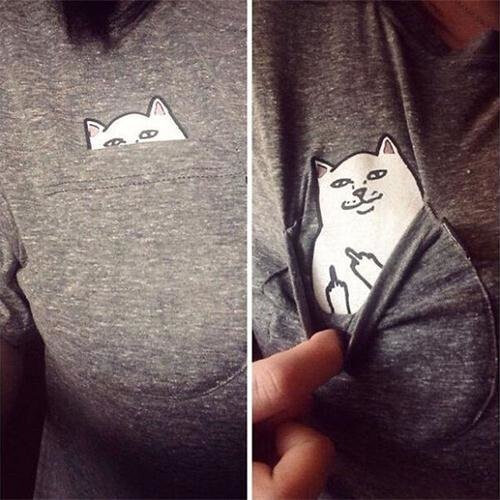 H149 Funny Middle Finger White Cat in Pocket T-shirts Harajuku