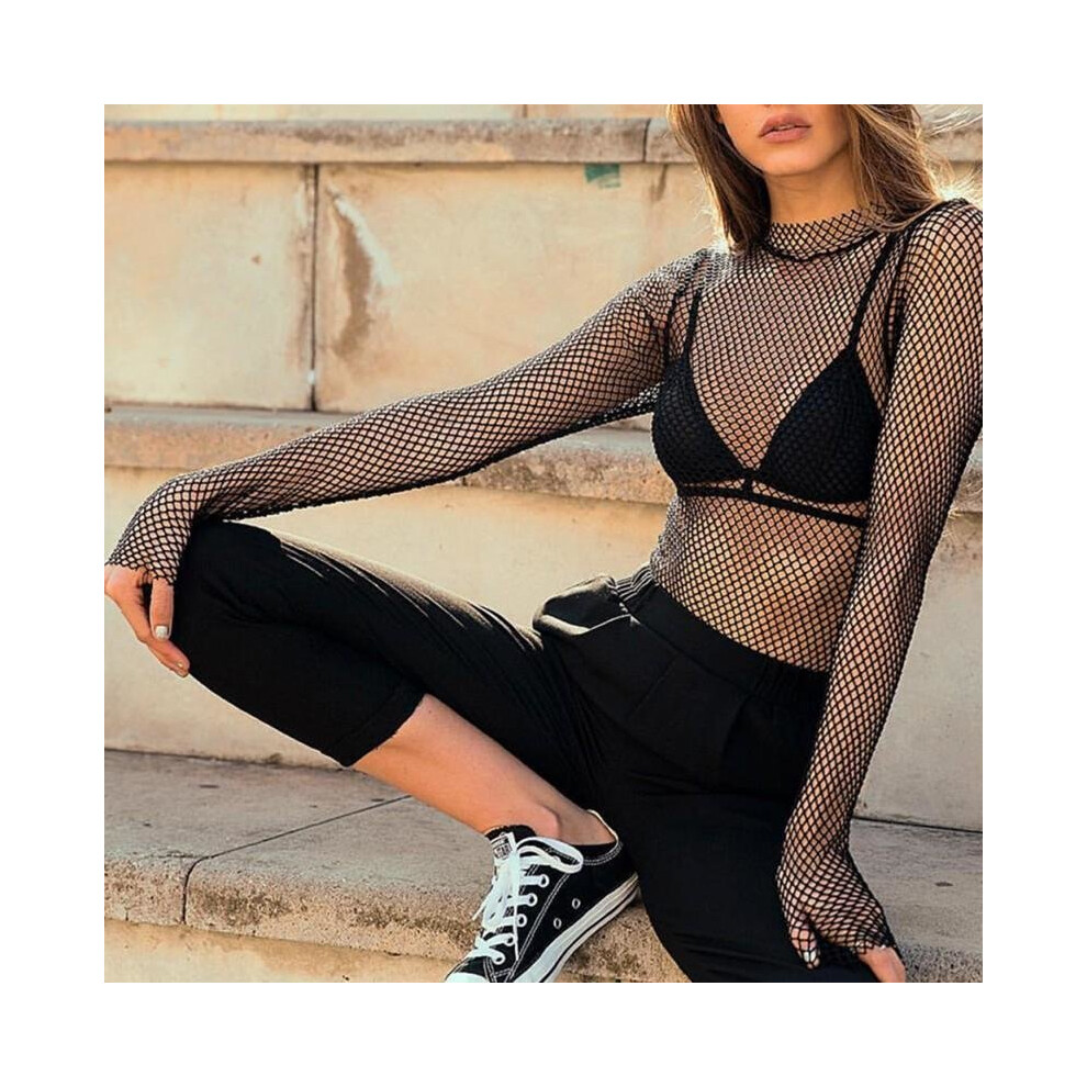 Women Fishnet Mesh See-through Black Blouse Shirts Female Harajuku Sexy All Match Long Sleeve Tee Tops